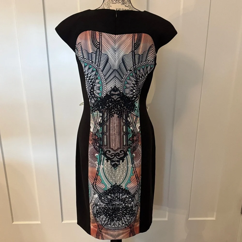 London Times Black and Multicolor Graphic Midi Dress